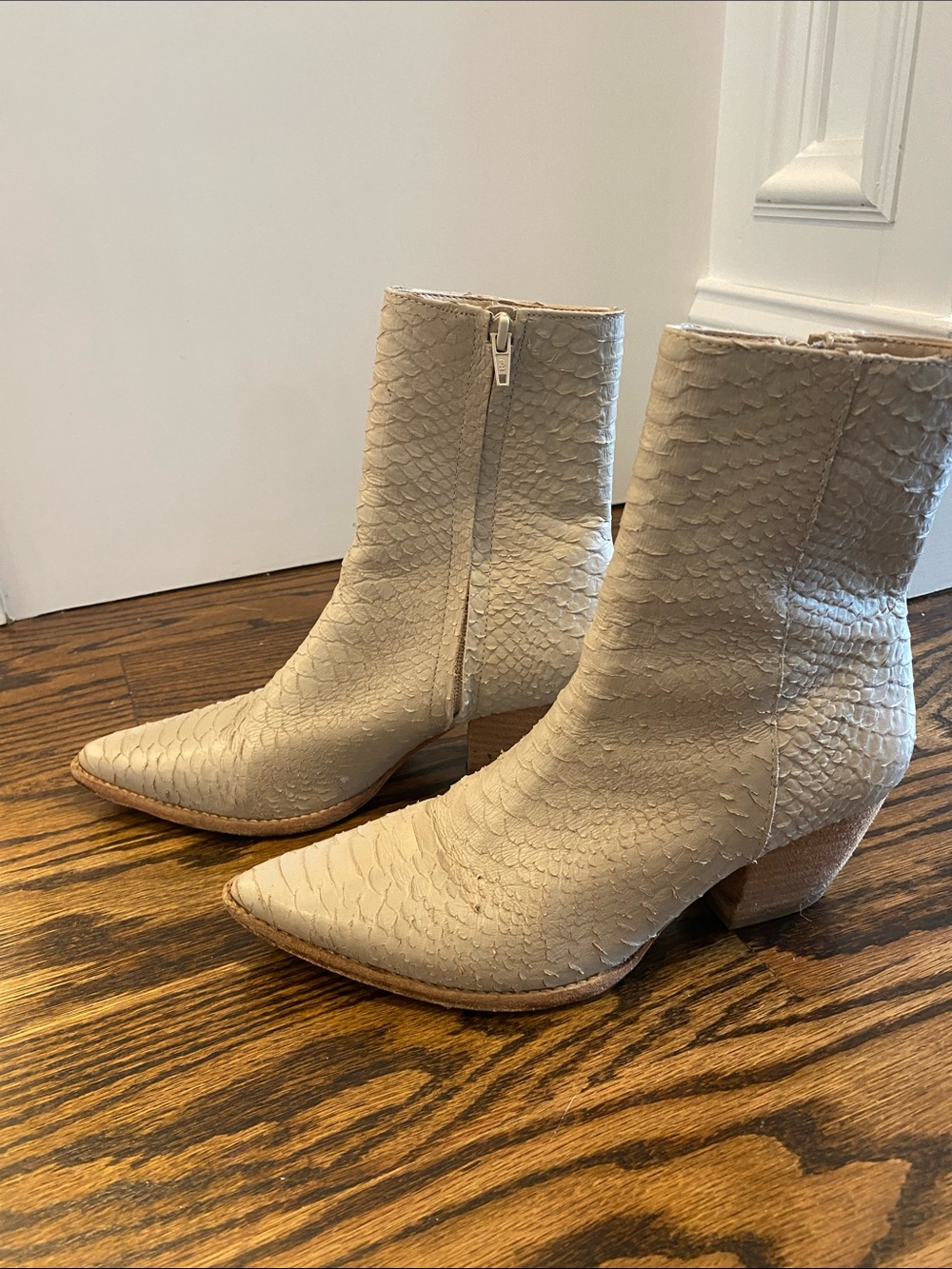 Matisse Beige Textured Pointed Ankle Boots with Low Block Heel - The Caty